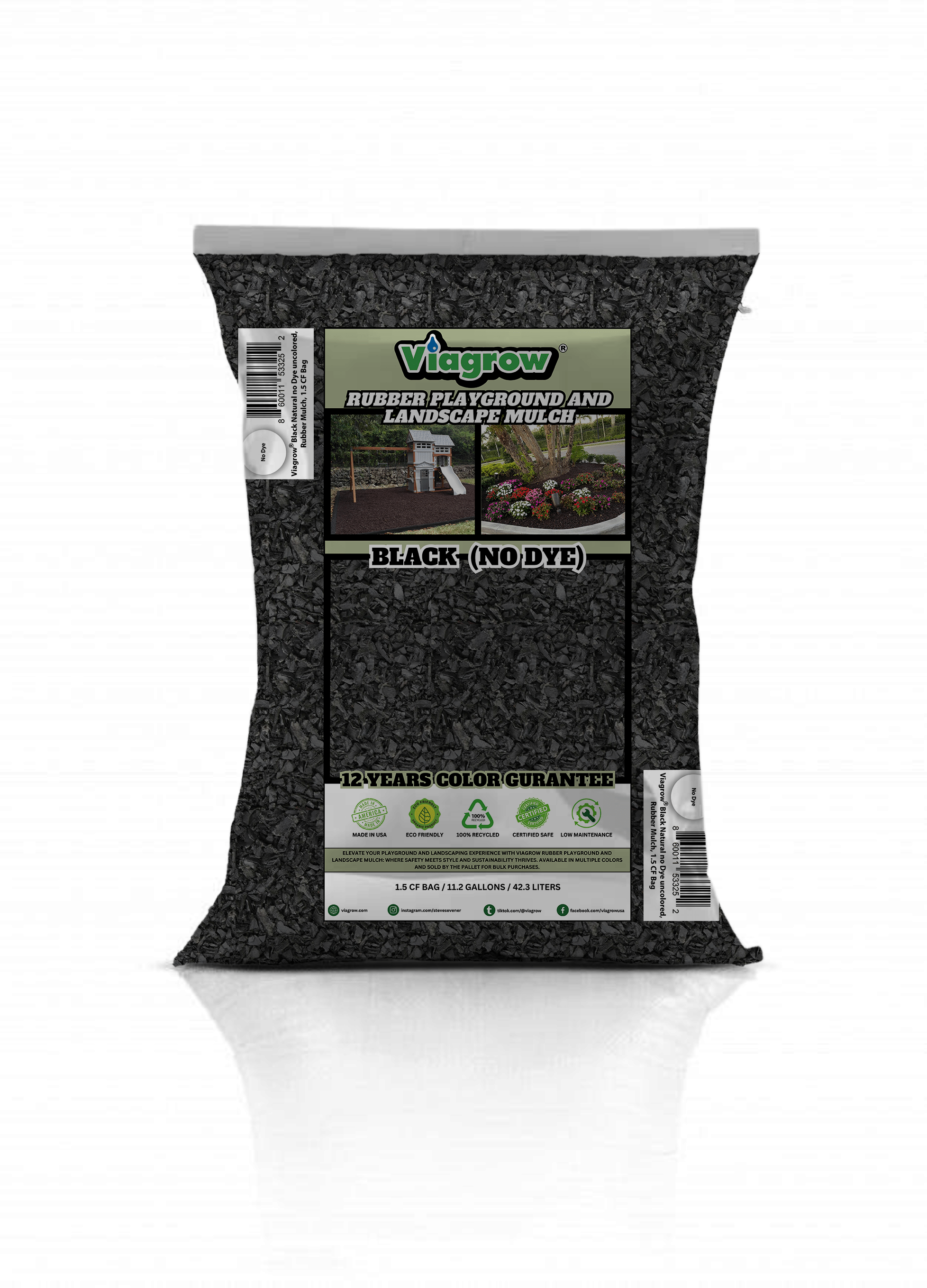 Black, No Dye, Rubber Playground & Landscape Mulch by Viagrow, 1.5 CF Bag ( 11.2 Gallons / 42.3 Liters)