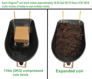 Coco Coir tamponado Viagrow, 5 kg de sustrato de cultivo premium comprimido, 5 kg / 11 lb - rinde 2 pies cúbicos / 72 cuartos de galón / 18 galones, tarima