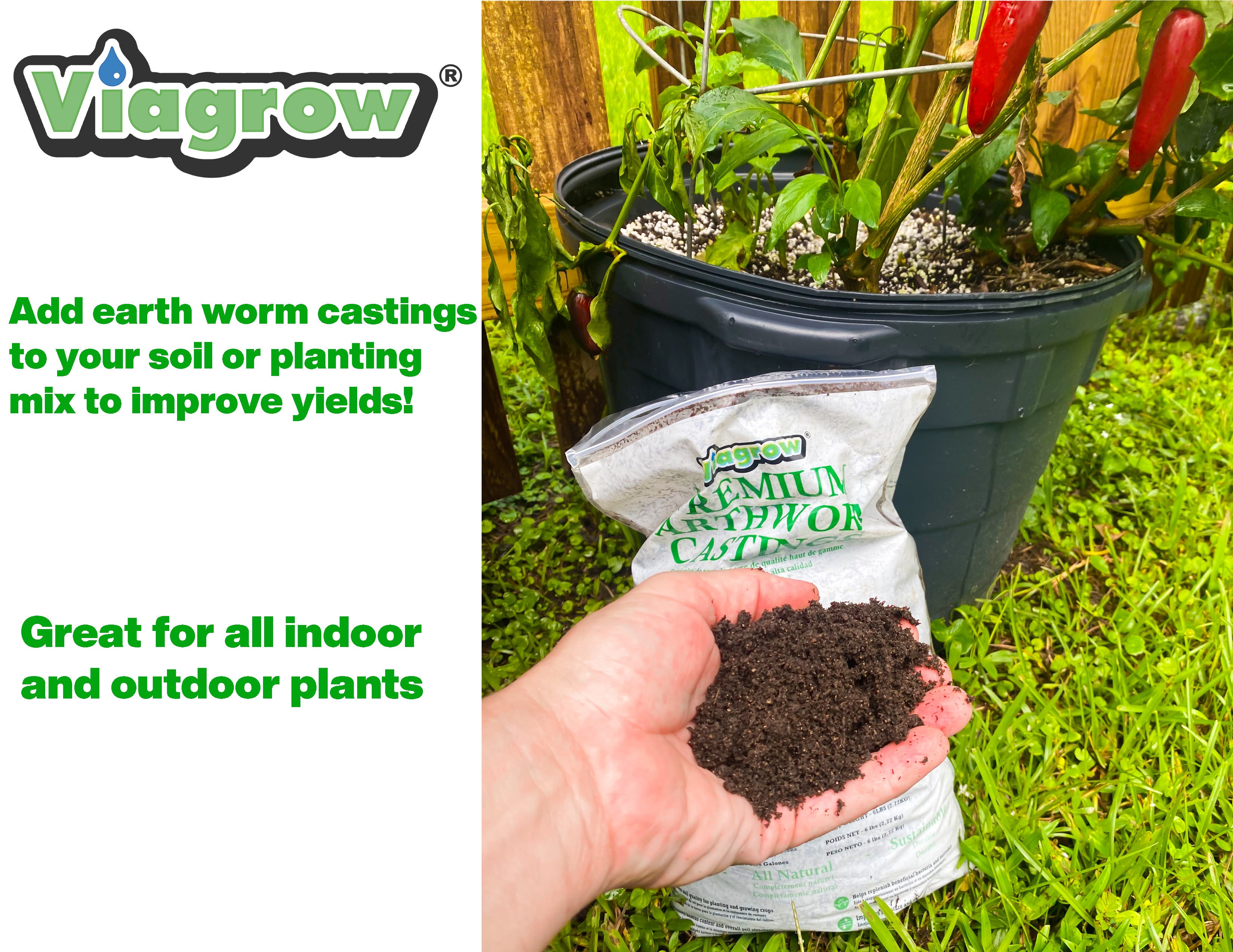 Viagrow Premium Earthworm Castings, Soil Builder, Soil Amendment (3 Pack, 6 Lbs)